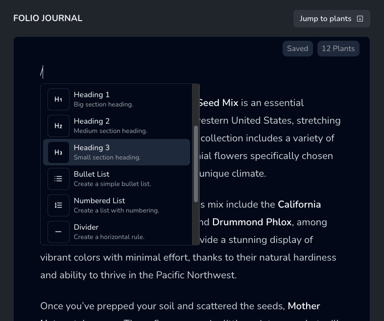 Folio Journal rich text editor interface